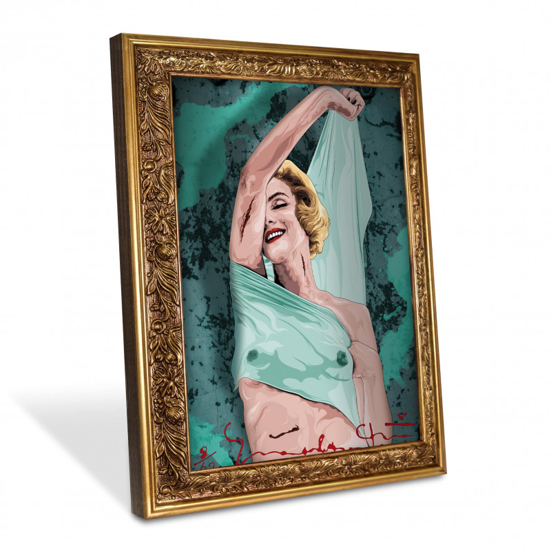 MARILYN BLUE - Stampa digitale 38x48 cm di Marilyn Monroe con cornice oro artigianale | Gloomy Stroke