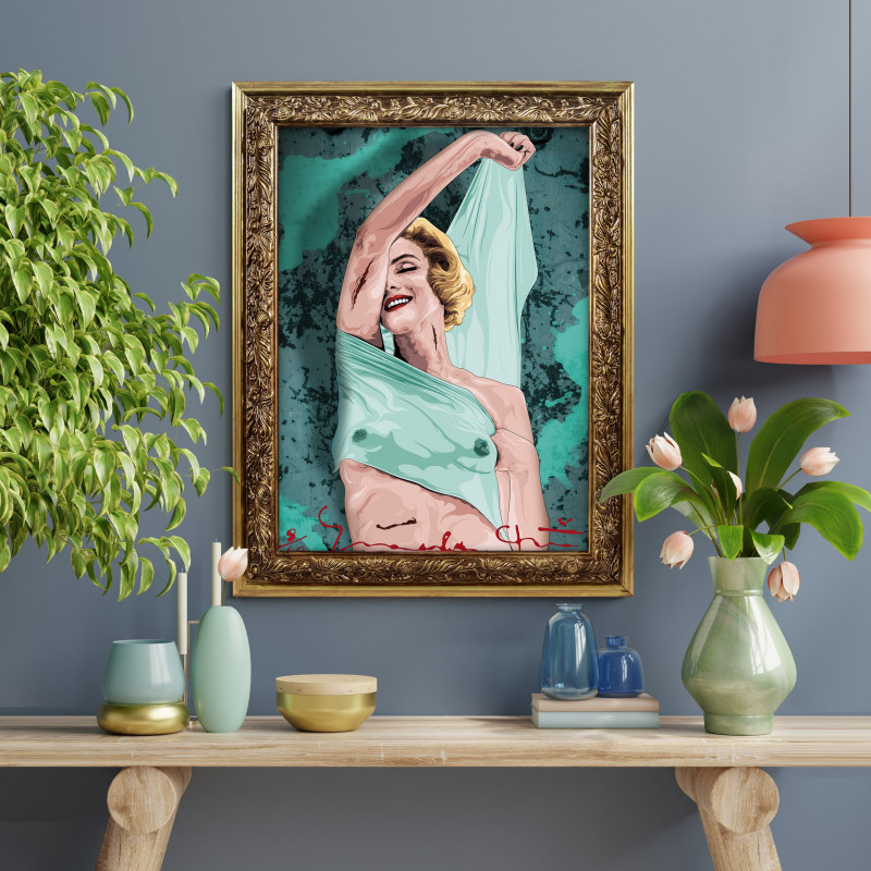 MARILYN BLUE - Digital print 38x48 cm of Marilyn Monroe with handcrafted gold frame Made in Italy | Gloomy Stroke