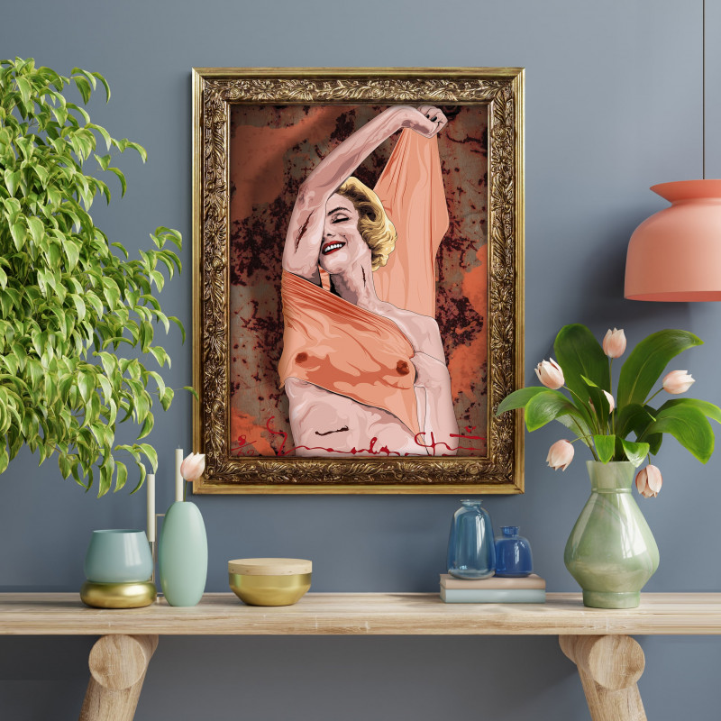 MARILYN GOLD - Digital print 38x48 cm of Marilyn Monroe with handcrafted gold frame | Gloomy Stroke