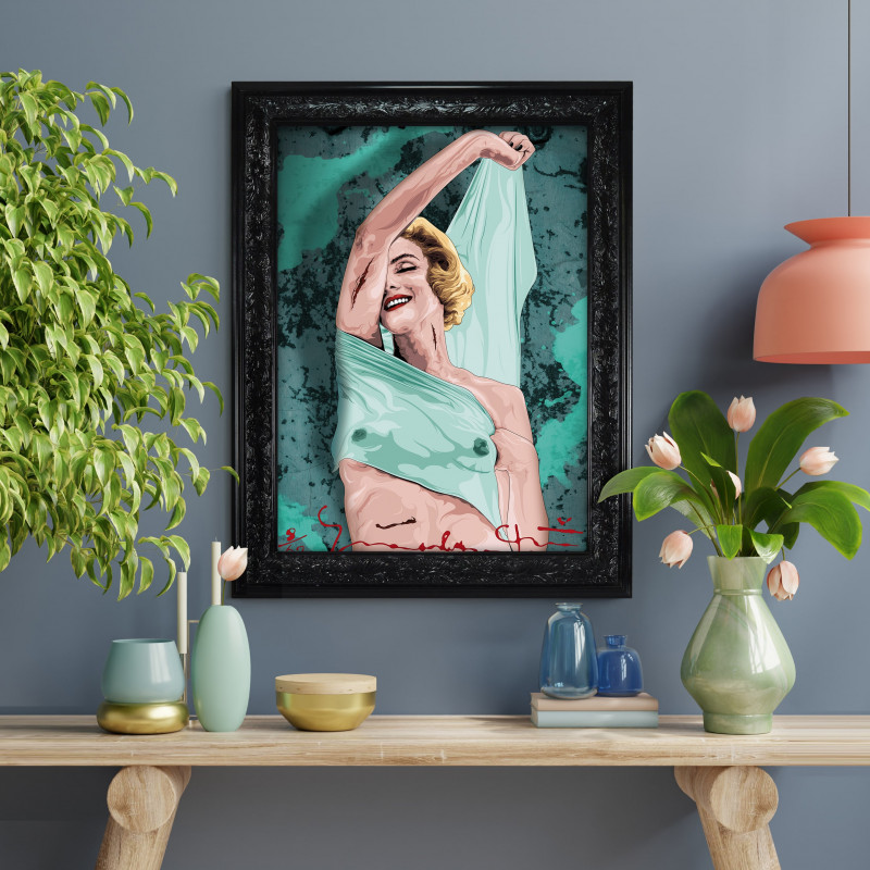 MARILYN BLUE - Stampa digitale 38x48 cm di Marilyn Monroe con cornice nera artigianale | Gloomy Stroke