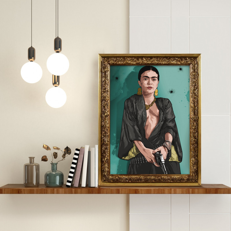 FRIDA BLUE - Digital print 38x48 cm of Frida Kahlo with handcrafted gold frame | Gloomy Stroke
