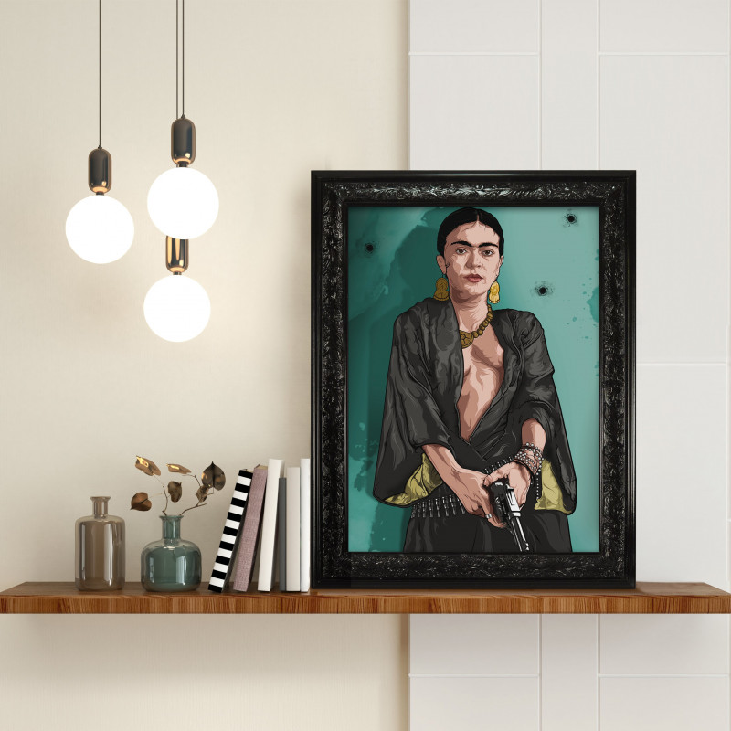 FRIDA BLUE - Digital print 38x48 cm of Frida Kahlo with handcrafted black frame | Gloomy Stroke
