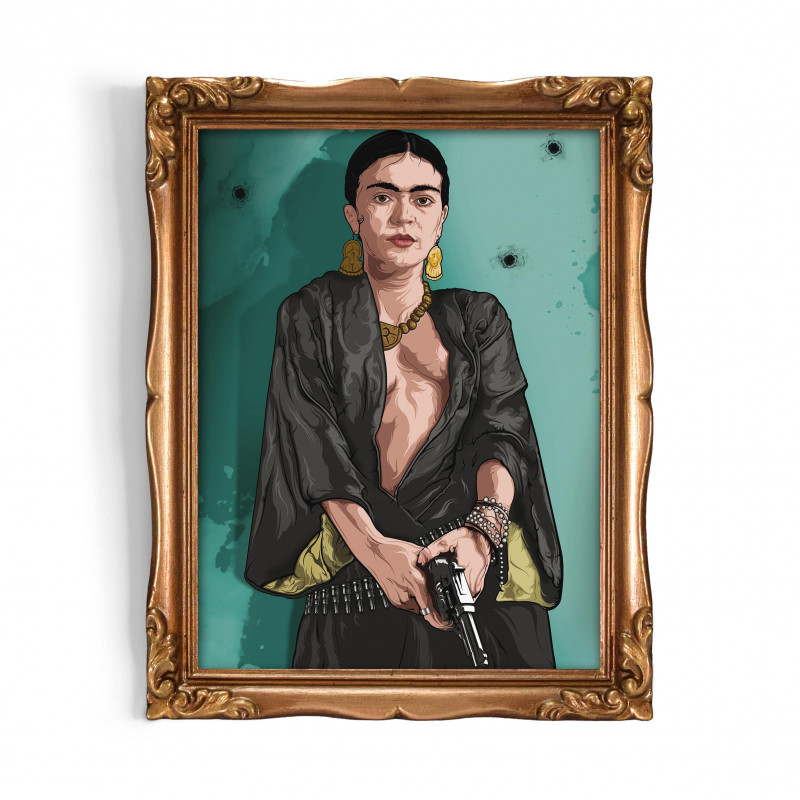 FRIDA BLUE - Digital print 18X23 cm of the Mexican artist Frida Kahlo with handcrafted gold frame | Gloomy Stroke