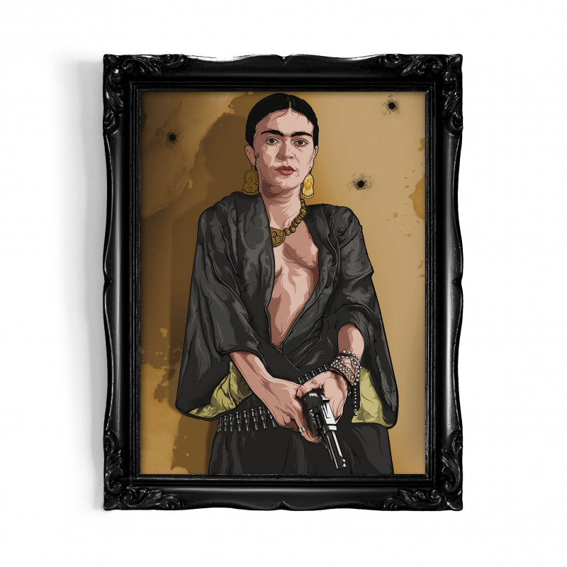 FRIDA GOLD - Digital print 18X23 cm of the Mexican artist Frida Kahlo with handcrafted black frame Made in Italy | Gloomy Stroke