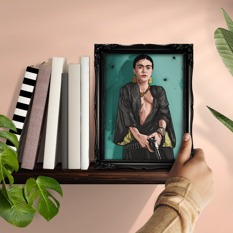 FRIDA BLUE - Digital print 18X23 cm of the Mexican artist Frida Kahlo with handcrafted black frame Made in Italy | Gloomy Stroke