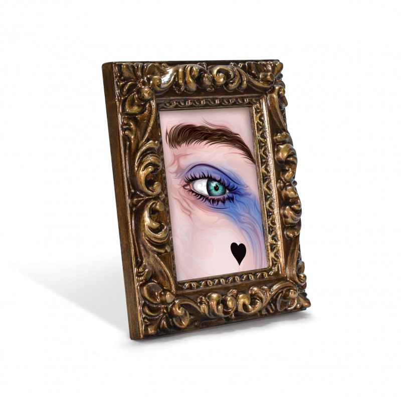 HARLEY EYE - Stampa digitale 11X13 cm del dettaglio dell'occhio di Harley Quinn con cornice oro artigianale | Gloomy Stroke