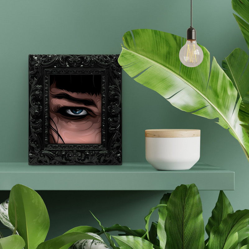 MIA EYE DX - Stampa digitale 11X13 cm del dettaglio dell'occhio di Mia Wallace in Pulp Fiction con cornice nera | Gloomy Stroke