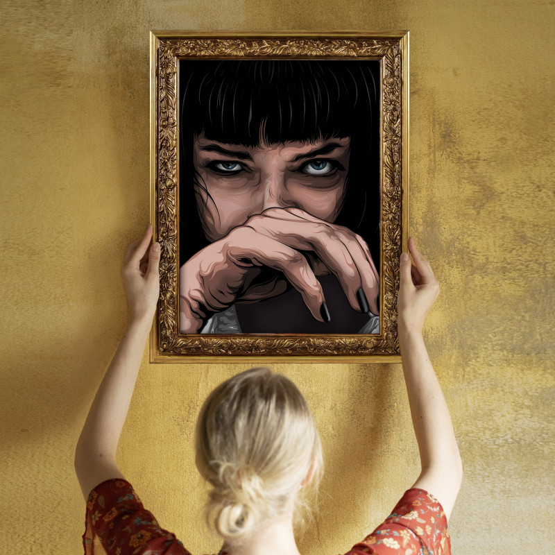 MIA WALLACE - Digital print 38x48 cm of Uma Thurman in Pulp Fiction with handcrafted gold frame | Gloomy Stroke