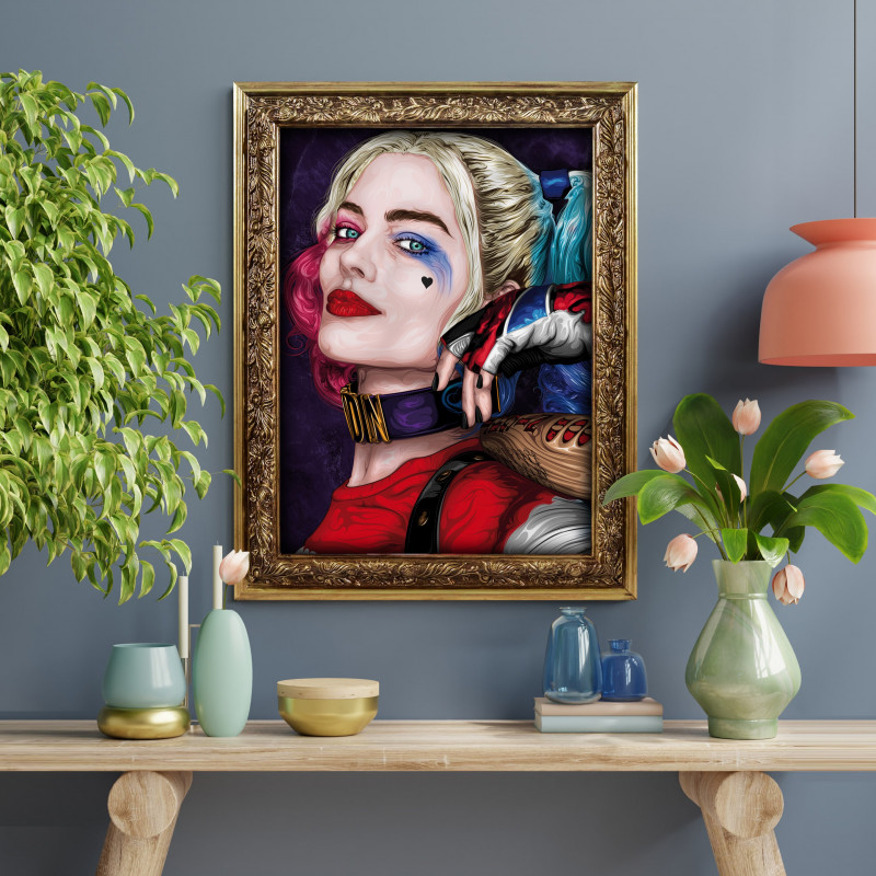 HARLEY QUINN - Digital print 38x48 cm of Margot Robbie as Harley Quinn with handcrafted gold frame | Gloomy Stroke